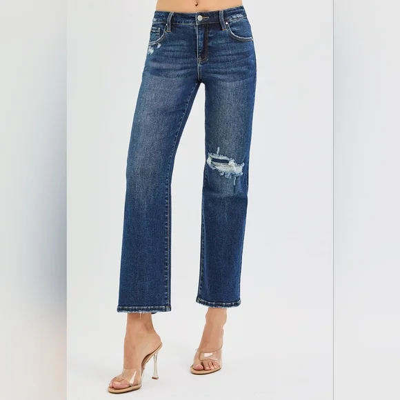 RISEN High-Rise Waist Distressed Patch Knee Straight Leg Pants Ankle Denim Jeans - Picture 9 of 16